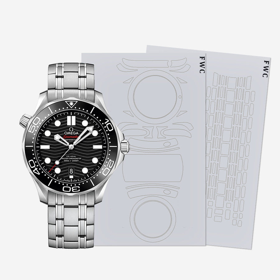 Omega Seamaster stainless steel watch with transparent protection film on case and clasp.