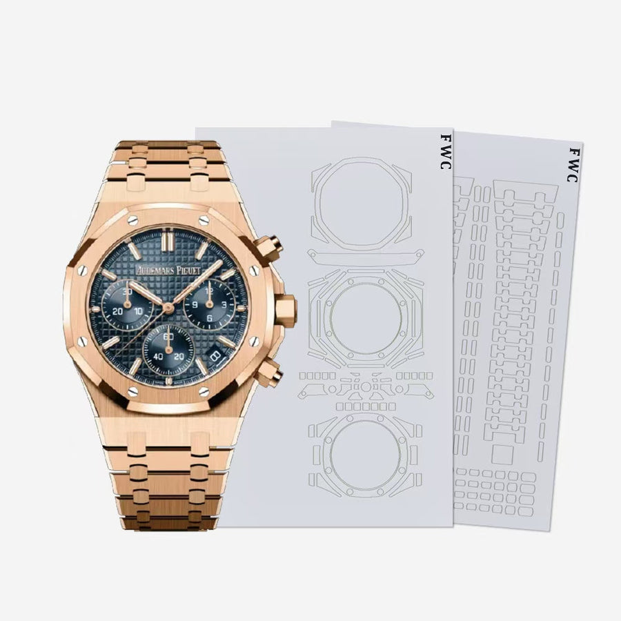 Audemars Piguet Royal Oak with protection film applied to bezel edges, case sides, and integrated bracelet.
