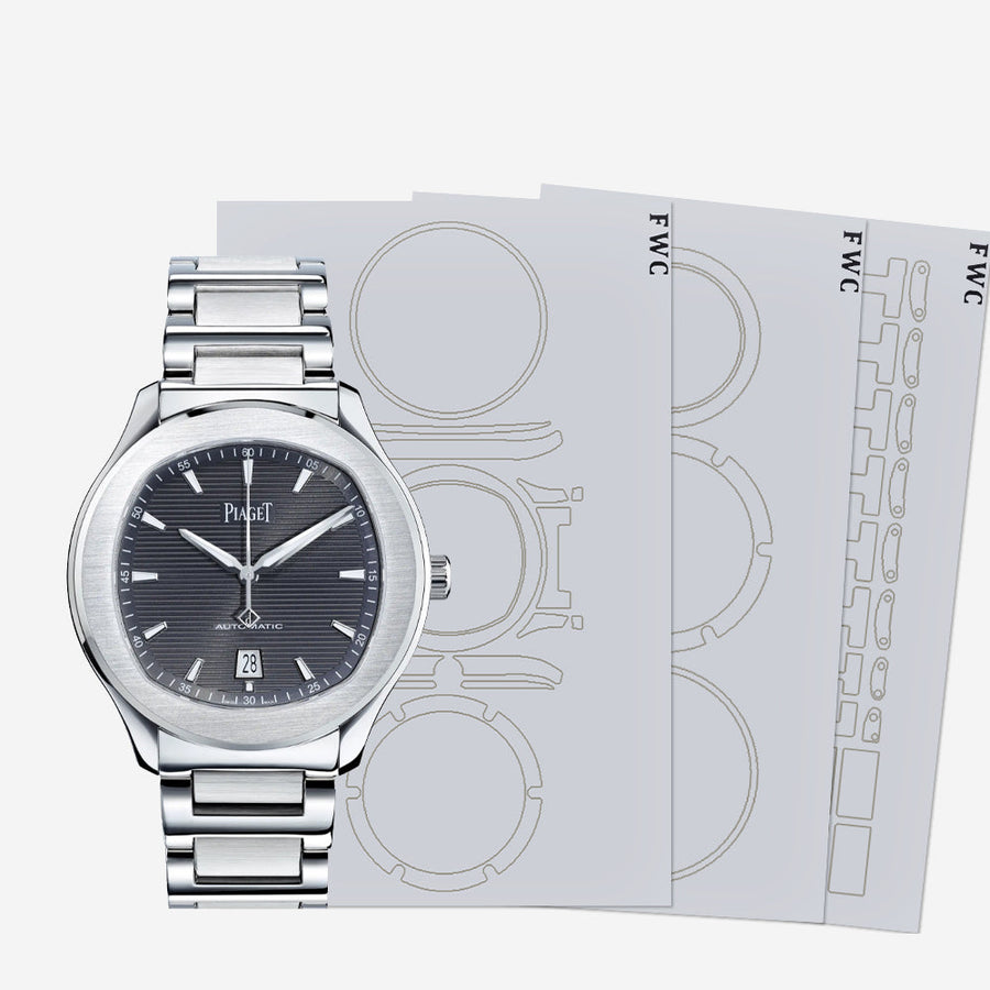 Piaget ultra-thin watch with polished bezel protected by transparent film.