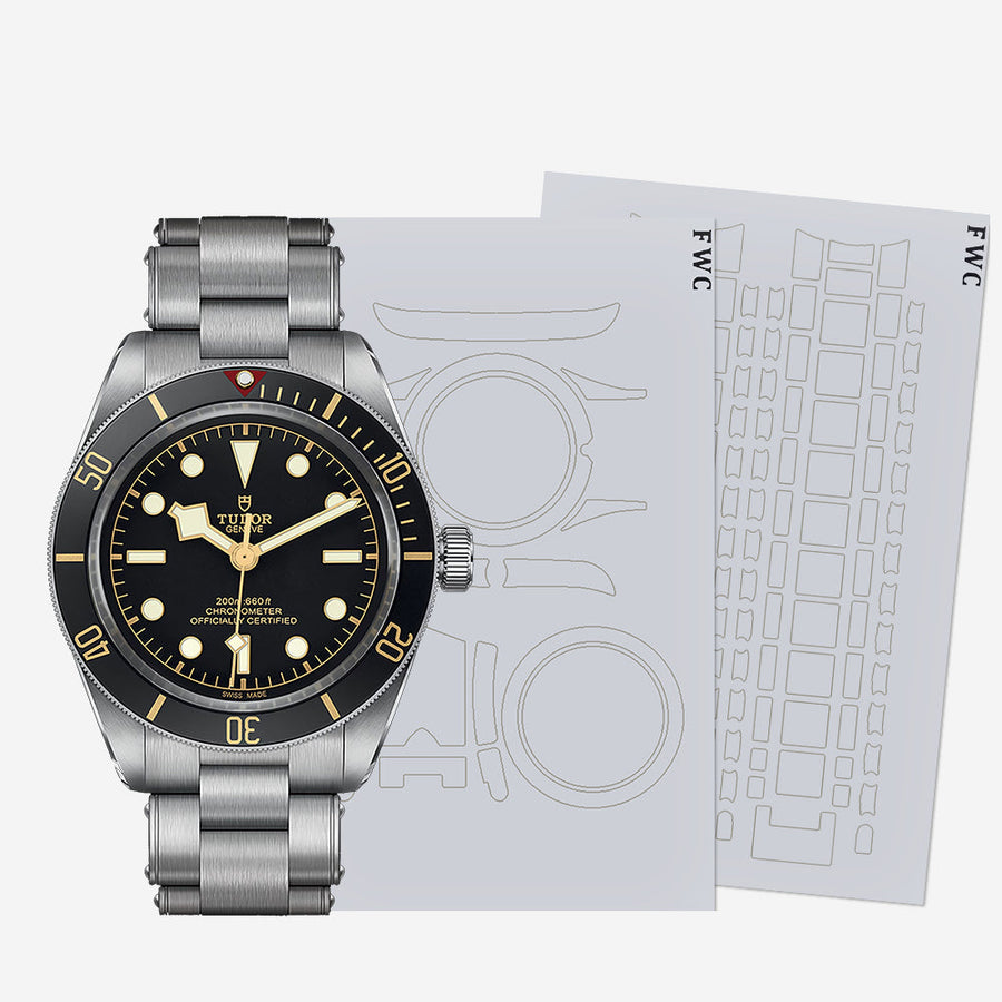 Tudor Black Bay stainless steel case and clasp with transparent protection film applied