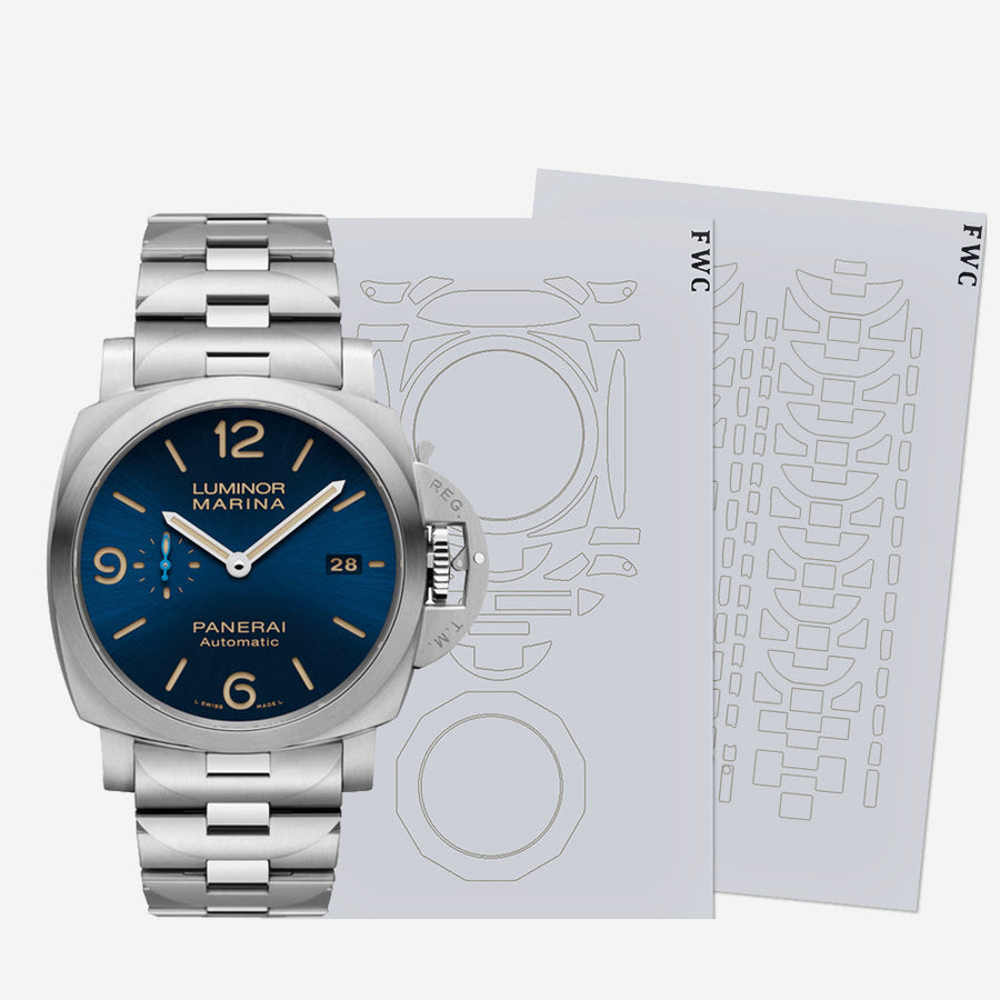 Panerai Luminor cushion case with crown guard protected by transparent film.