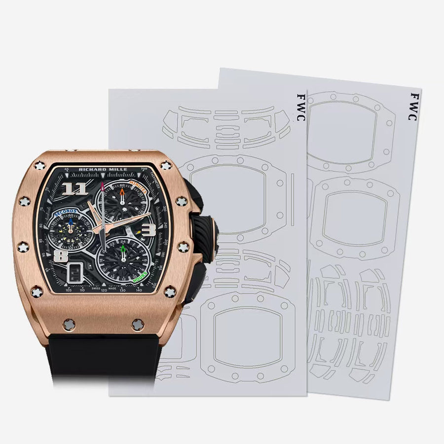 Richard Mille RM watch with transparent protection film applied to tonneau-shaped case.