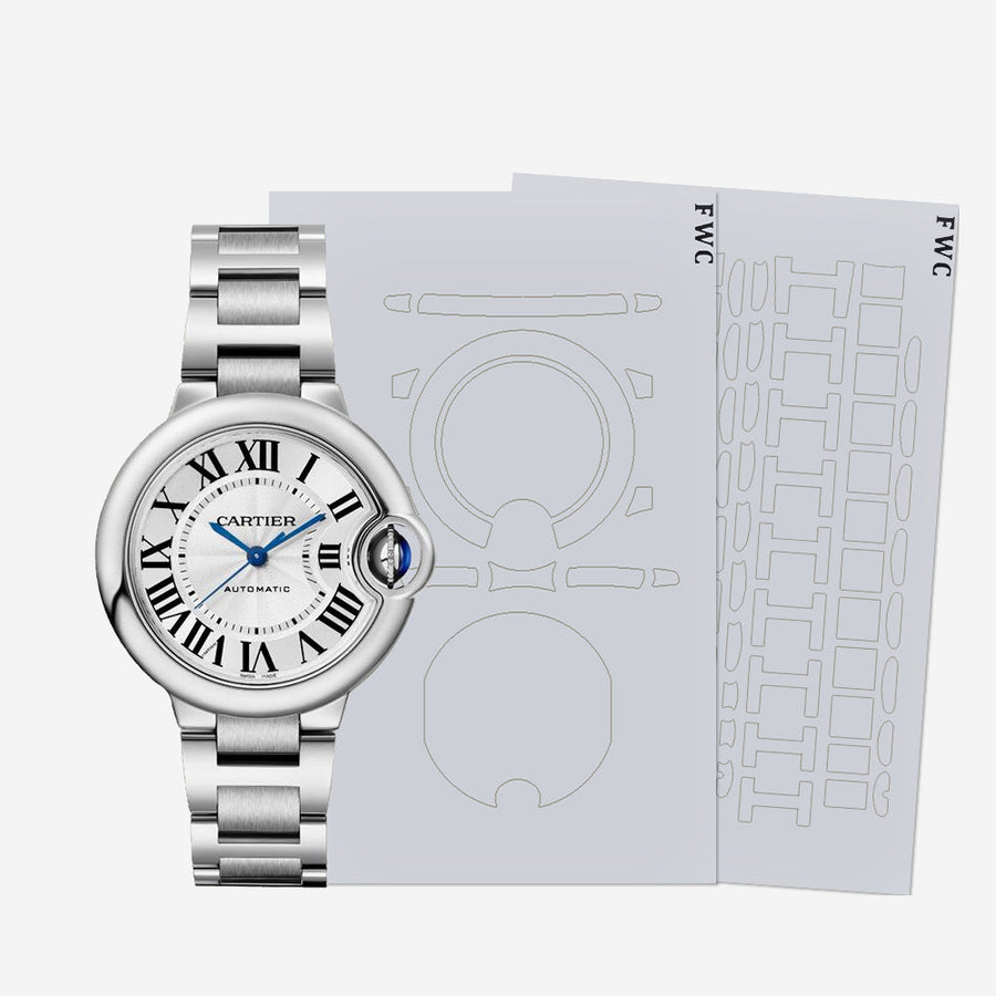Cartier Santos stainless steel watch with transparent protection film applied to bezel and bracelet.